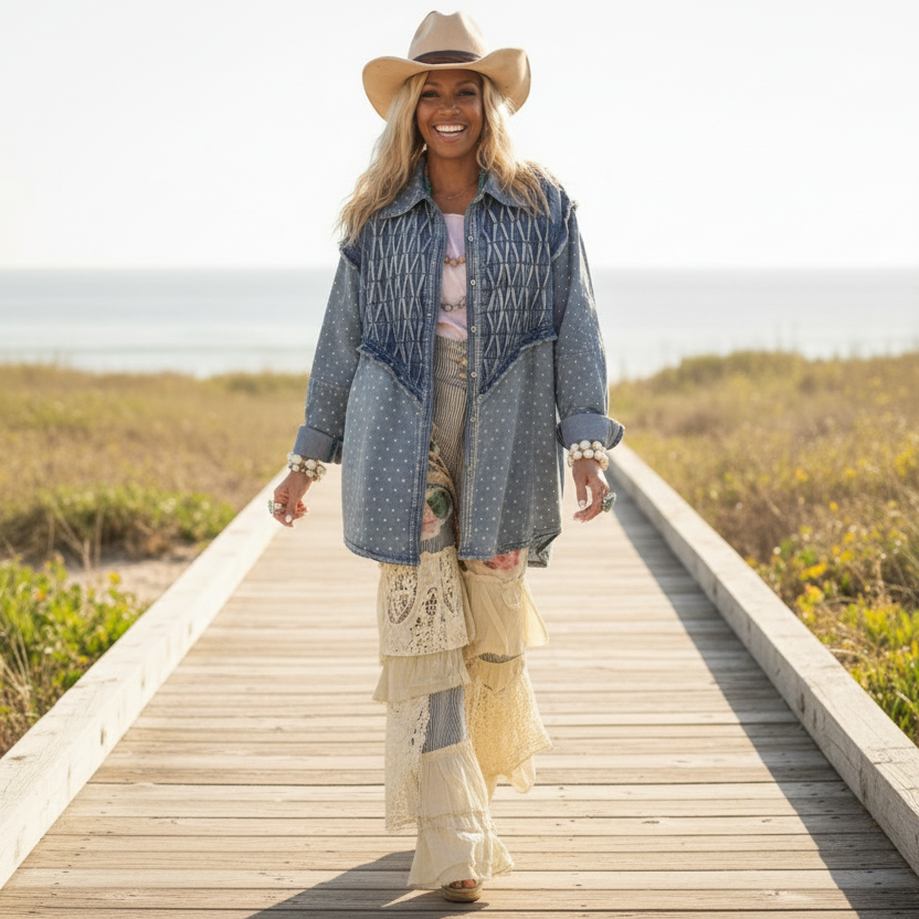 Women's light blue polka dot denim jacket oversized boho fit worn walking coastal outdoor daylight