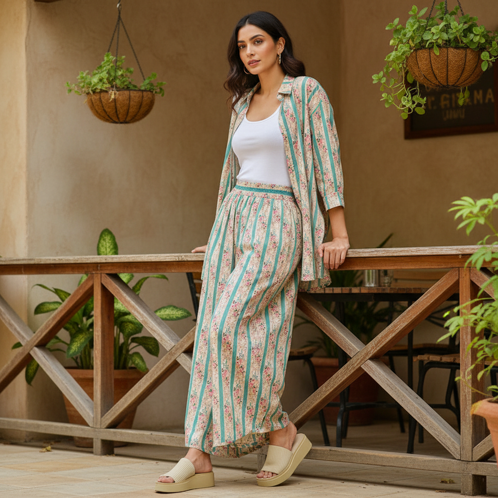 BiBi teal floral eyelet wide-leg pants leaning at café exterior, showing drape and wide-leg shape