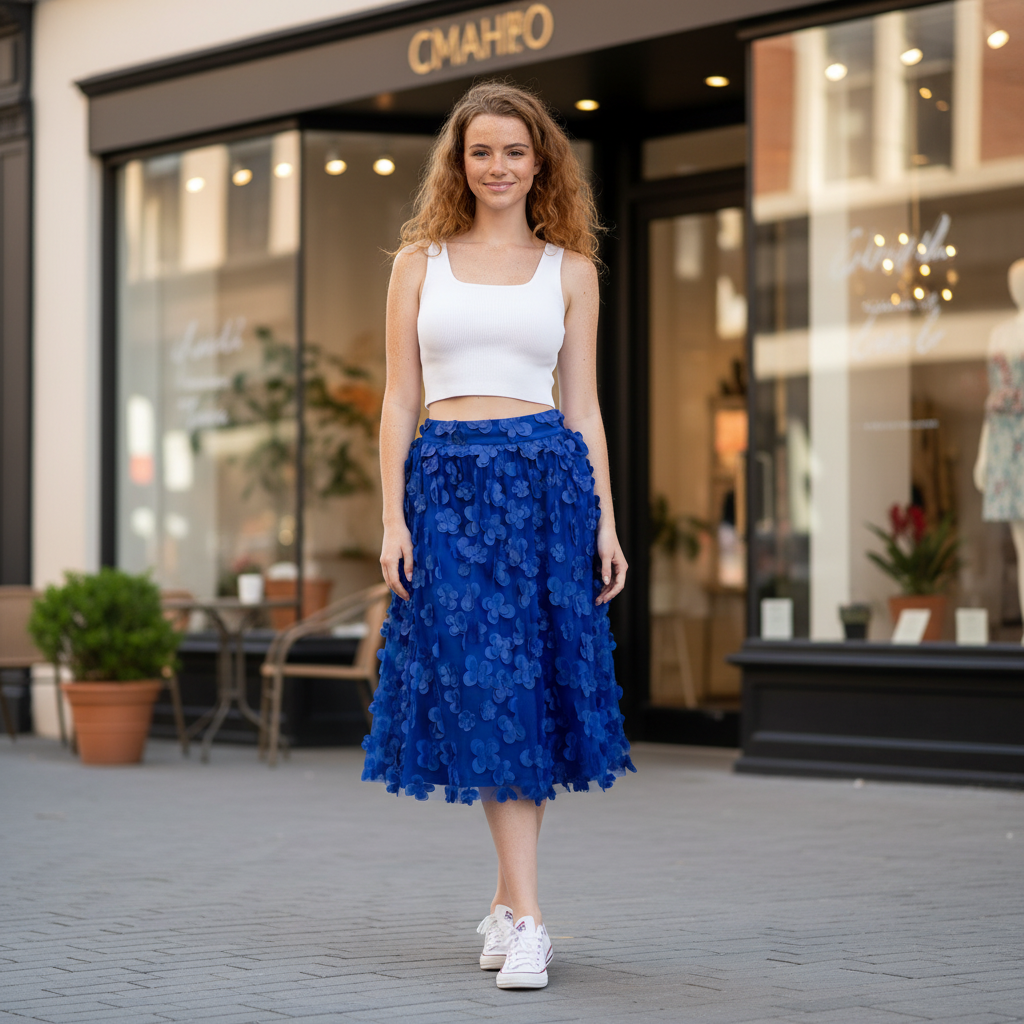 Women's royal blue floral appliqué mesh midi skirt standing near café storefront casual outfit