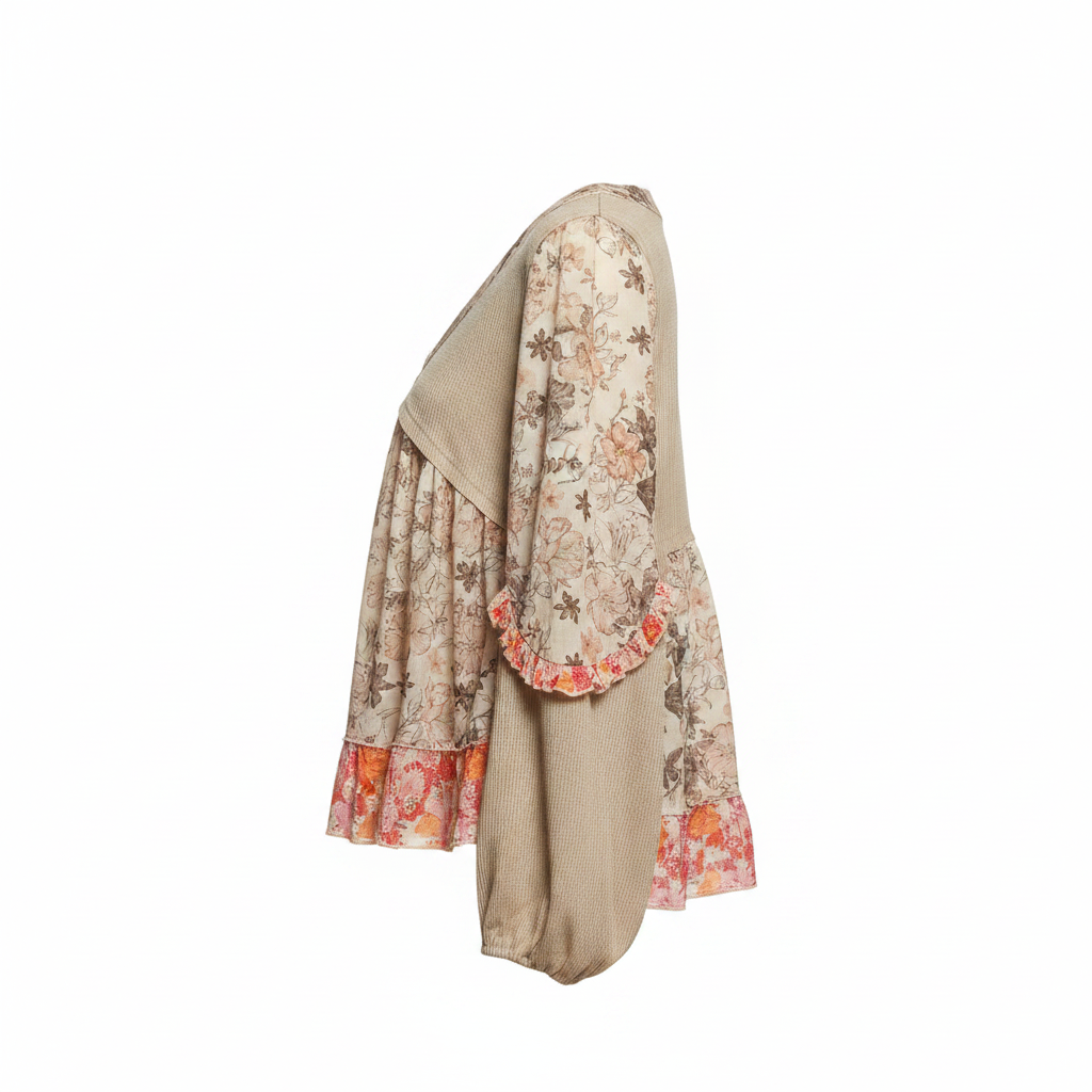 Women's taupe floral patchwork top side view, ribbed knit sleeves, tiered ruffle border hem, oversized relaxed fit