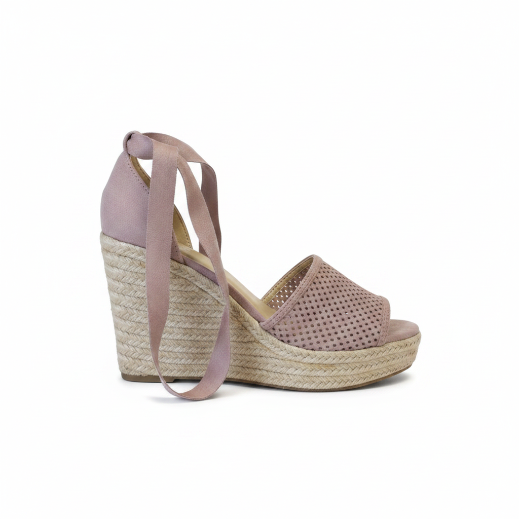 Mauve-grey perforated espadrille wedge sandal inner side profile showing cushioned footbed and lavender-mauve suede upper