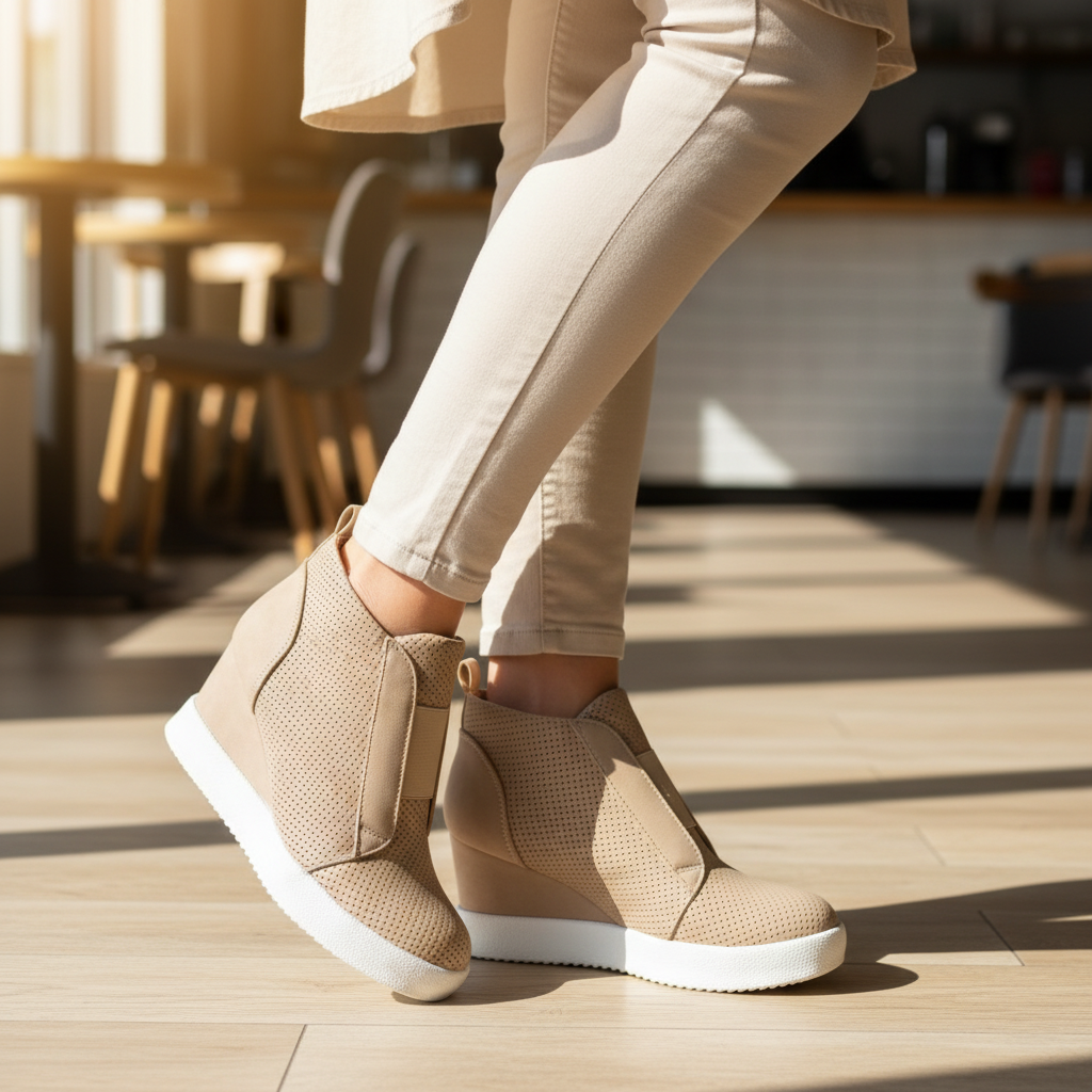 A women wearing beige slip-on wedge sneakers with textured uppers and white soles, standing on a light wood floor in a sunlit indoor space.