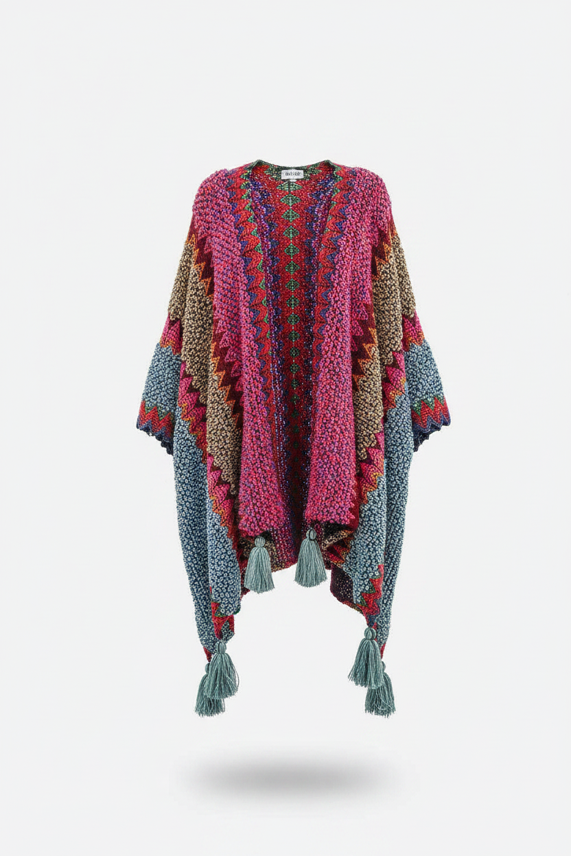 Women's multicolor chevron knit boho kimono cardigan front view ghost mannequin magenta blue tassel trim maxi length - BellanBlue