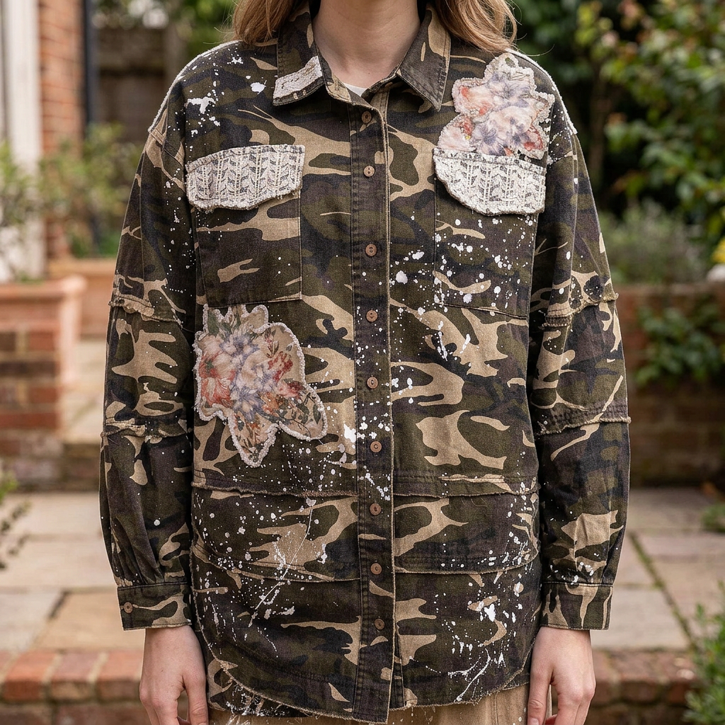 Blue Velvet camo jacket front detail showing floral patches, lace chest panels and button closure