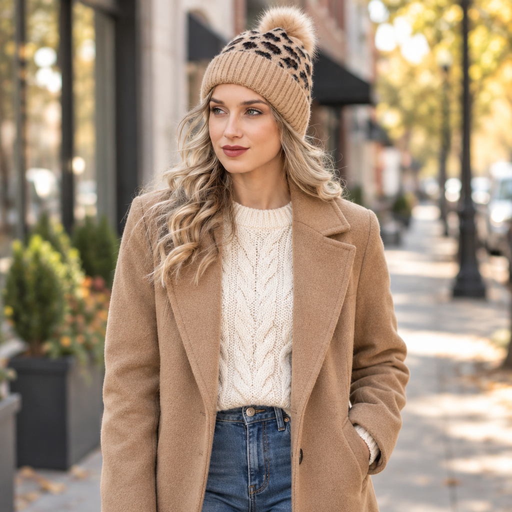 Leto Collection women's camel leopard print knit beanie with faux fur pom pom, city sidewalk street style - BellanBlue