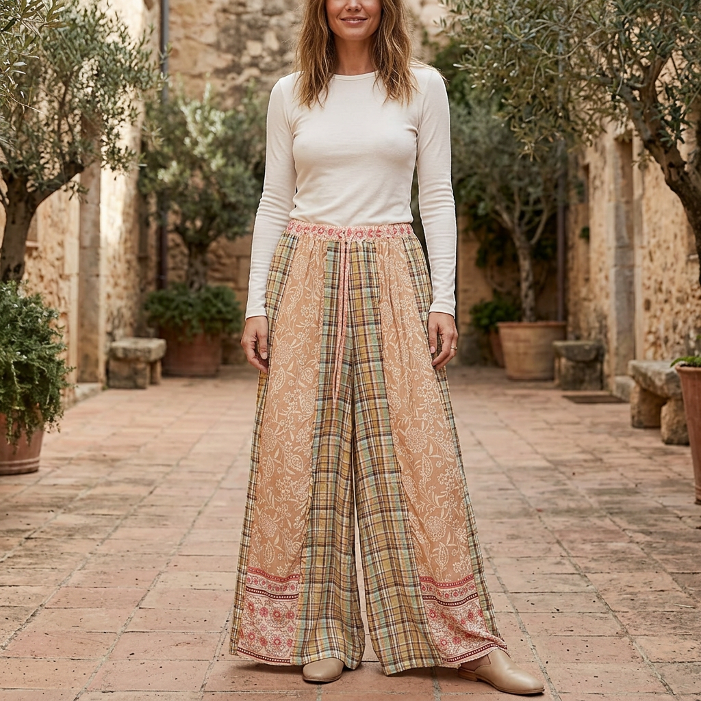 POL Clothing women's mocha floral plaid wide-leg pants styled with an ivory top in a courtyard - BellanBlue