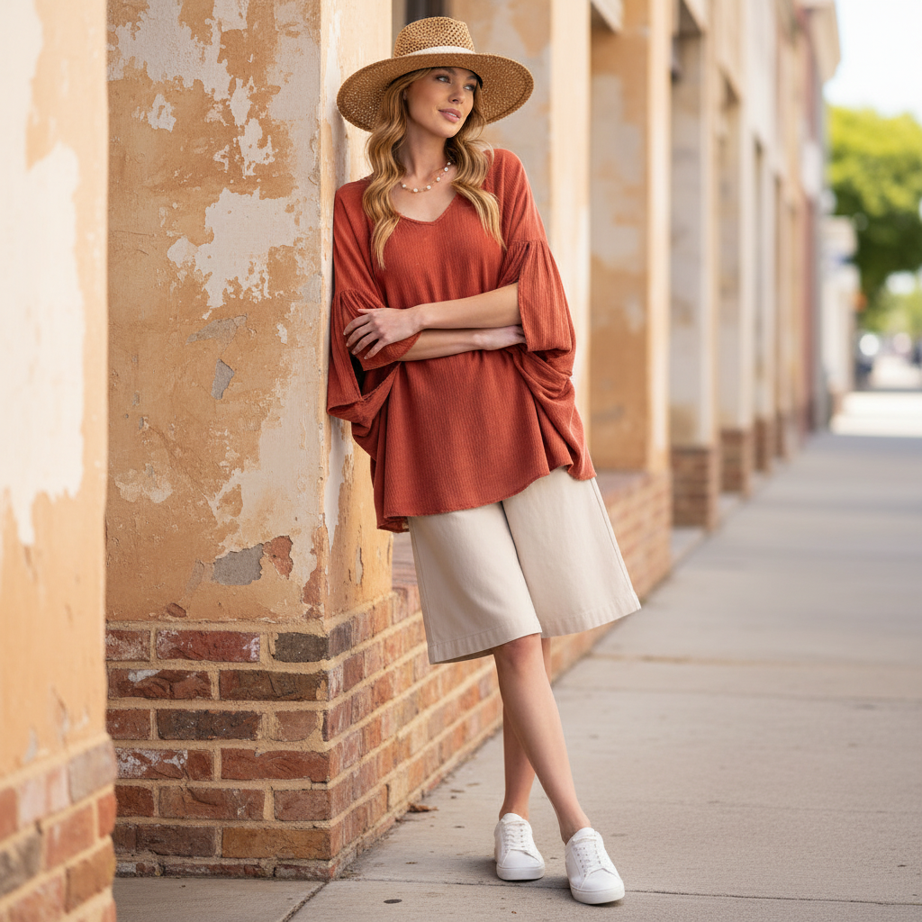 Easel brick mineral washed gauze top, leaning against boutique exterior, boxy relaxed fit, casual weekend styling