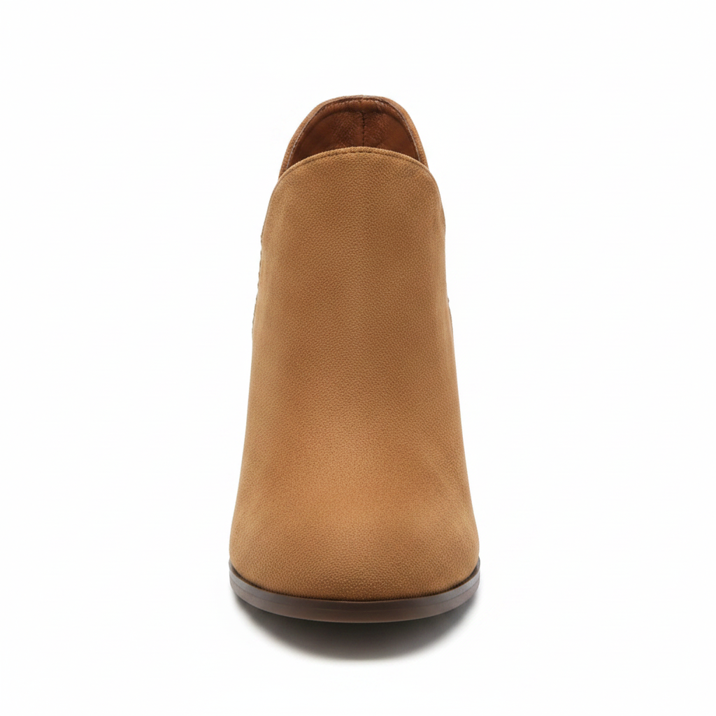 Women's tan camel suede ankle bootie front view round toe V-notch opening block heel