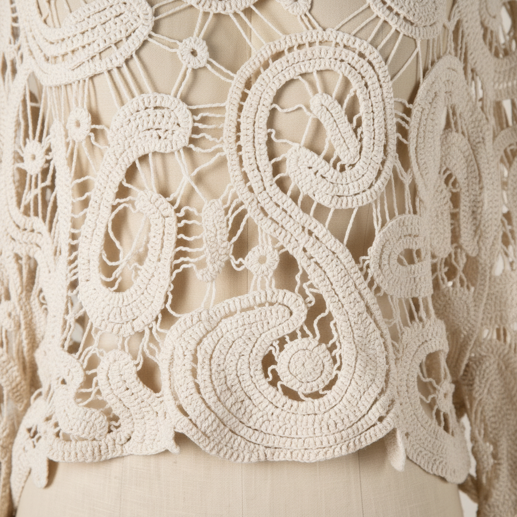 Close-up of beige open-weave crochet fabric raised paisley swirl motifs open mesh texture