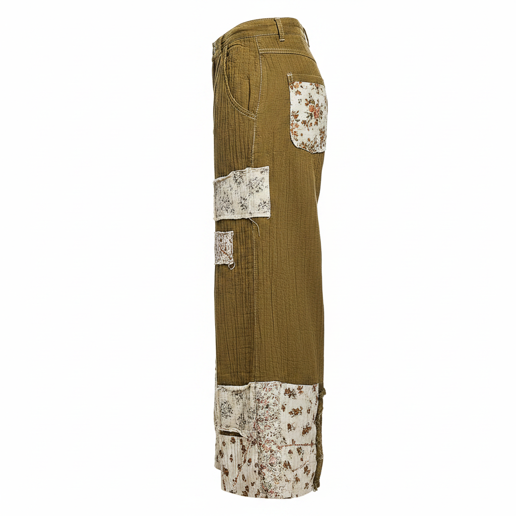 Women's dusty olive quilted pants side view, ghost mannequin, wide-leg silhouette, cream floral patchwork