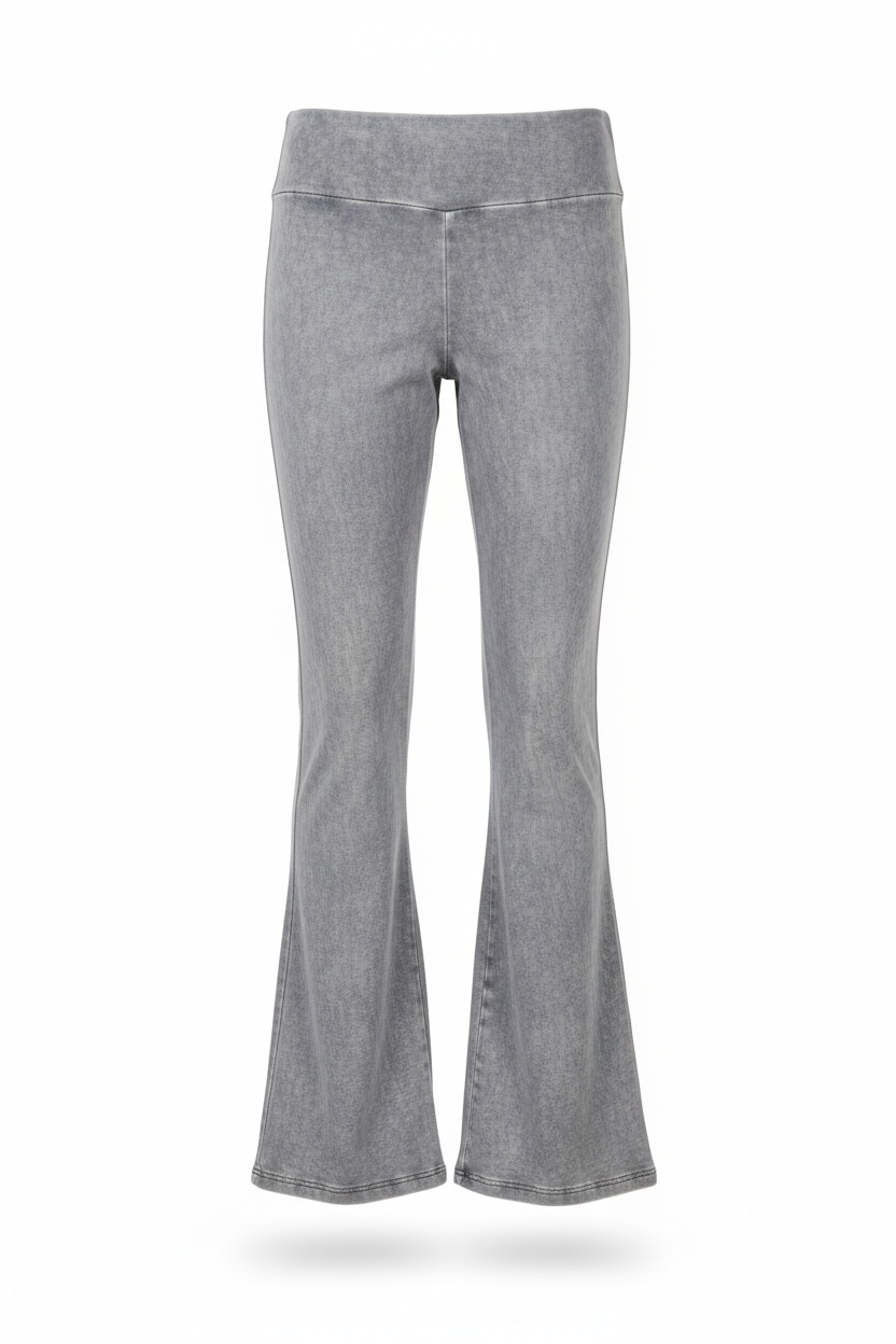 Mineral Washed Fold-Over Flare Yoga Pants in mid grey - front view
