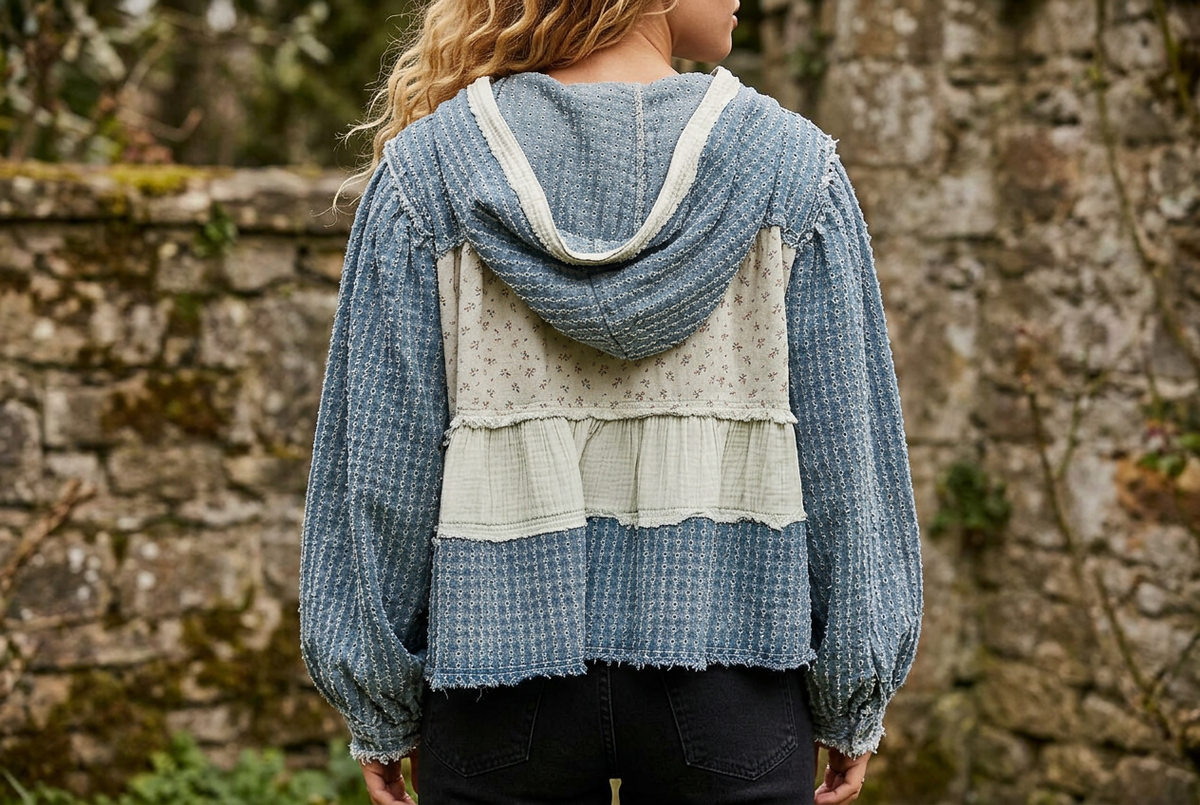 Rear view of a textured blue hood, cream floral panel and gathered band against a stone garden wall.