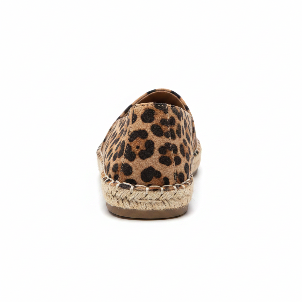 Back heel view of leopard espadrille flat with braided jute trim, women's slip-on flat shoes