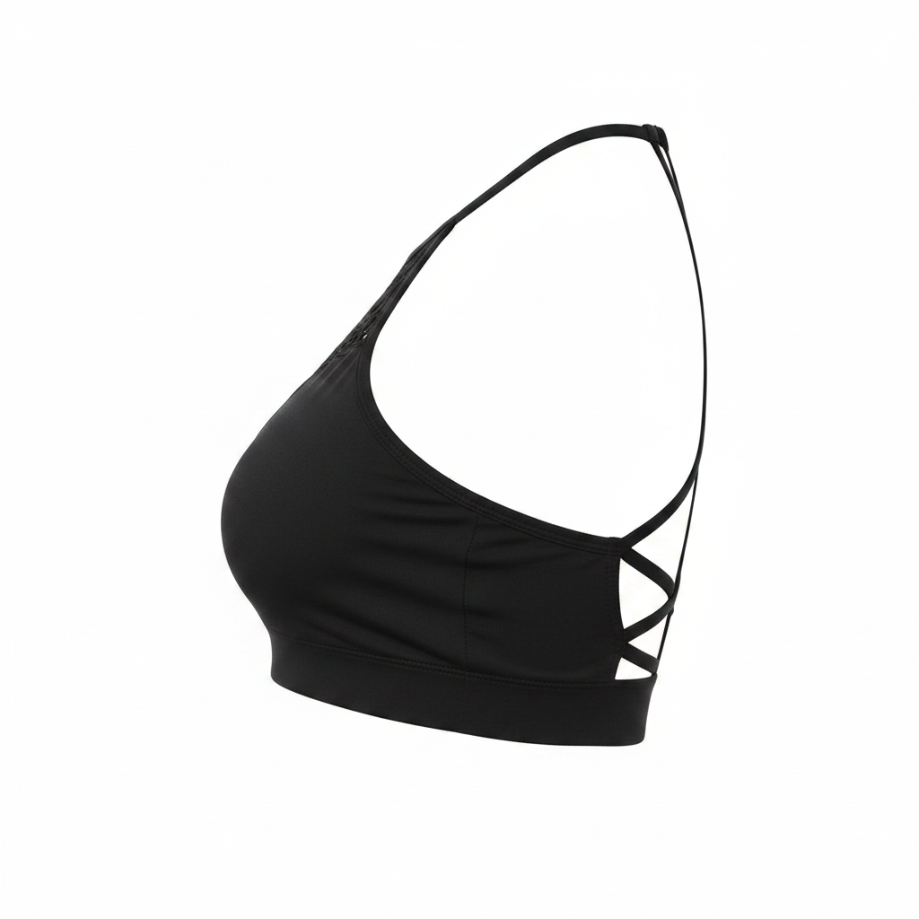 Women's black halter bralette side profile, crochet lace neckline, strappy back, fitted crop silhouette