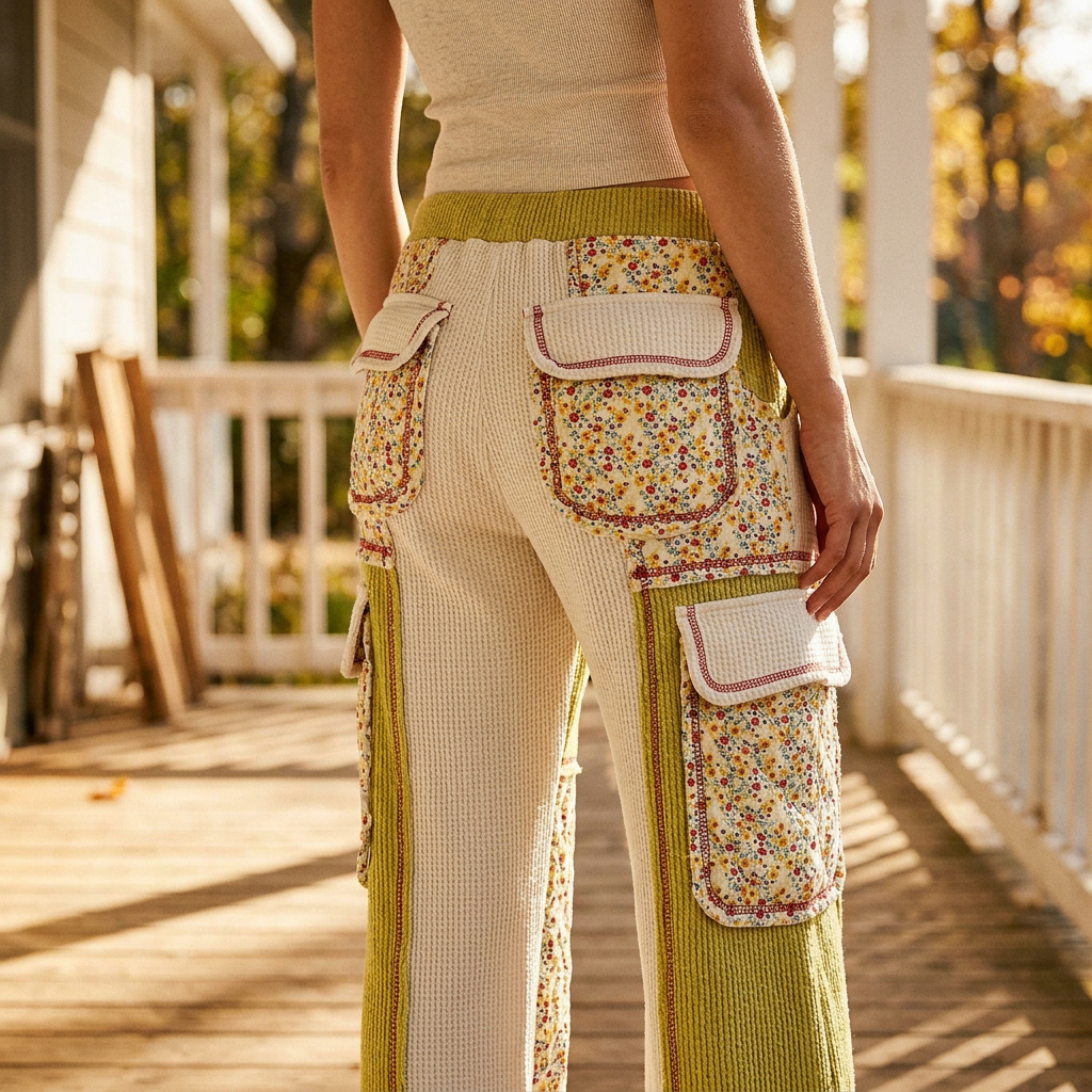 POL Clothing lime green patchwork pants rear floral flap pockets and ivory waffle knit on a porch
