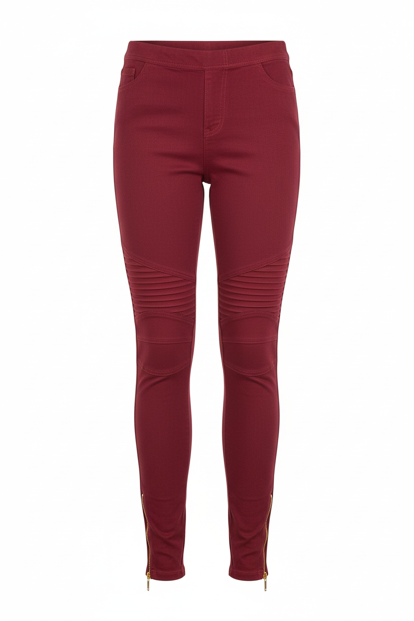 Women's moto leggings in burgundy red - front view showing moto seaming, knee ruching, and gold ankle zipper