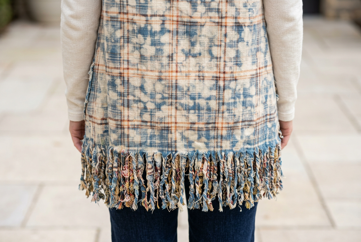 Close-up of the blue plaid vest’s lower back and multicolored fringe hem, worn over dark jeans.