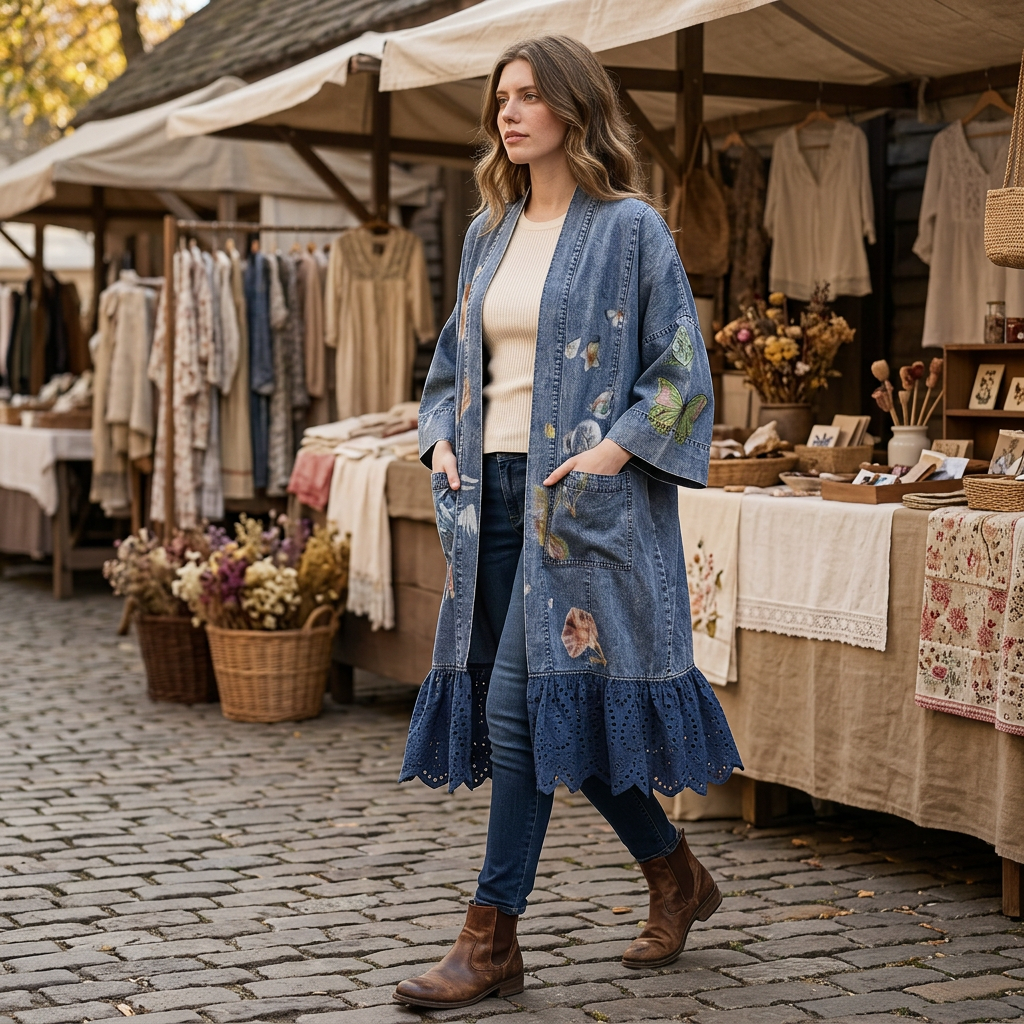 Blue Velvet women's blue floral kimono styled with jeans and ankle boots at a vintage market