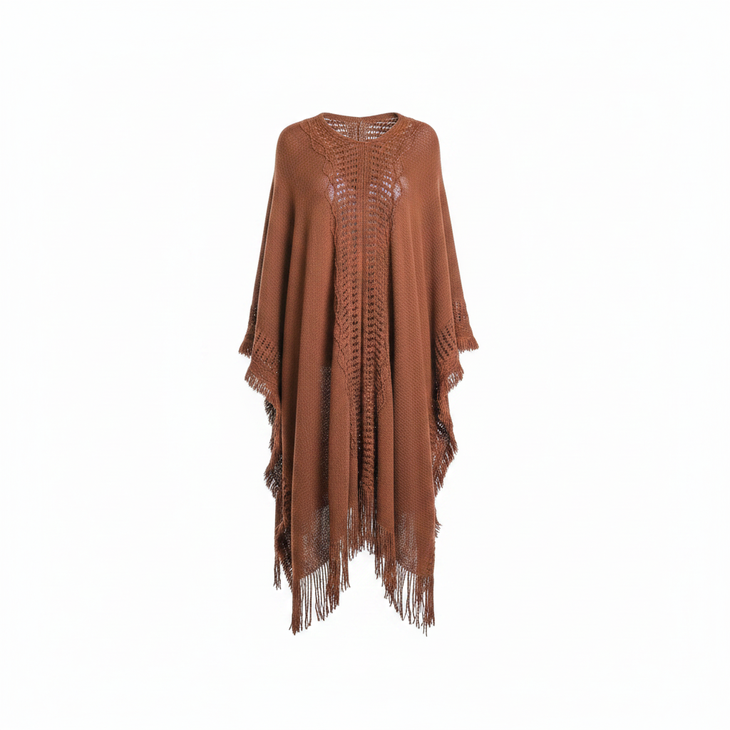 Women's brown open-knit ruana wrap, front view, batwing silhouette, fringe hem, oversized drape