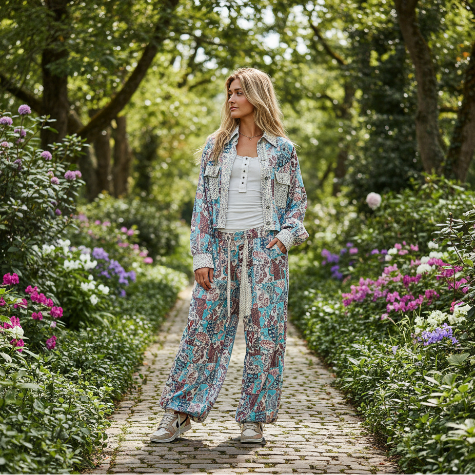 Women's blue multi patchwork paisley wide-leg pants and printed shirt jacket in a relaxed outdoor boho look