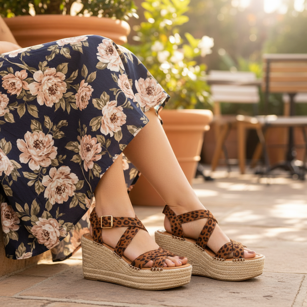 Woman seated at outdoor café wearing leopard print espadrille wedge sandals, outer side and gold buckle ankle strap visible