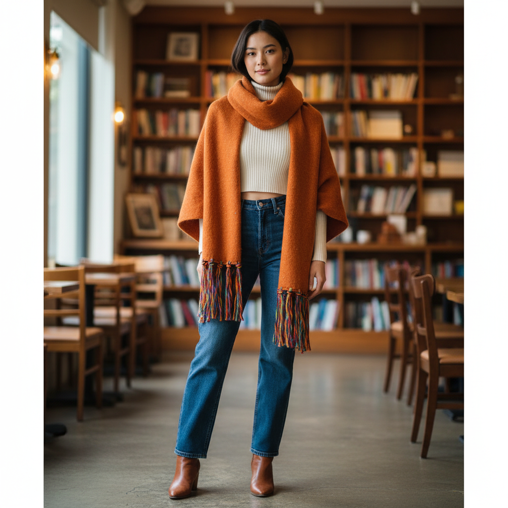 Women's burnt orange speckled wrap scarf draped as shawl over turtleneck and jeans, rainbow fringe