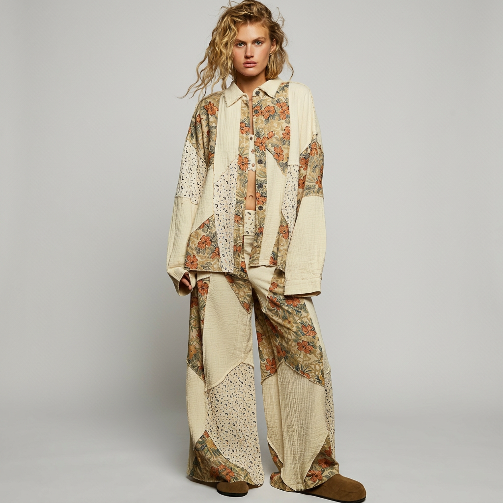Woman wearing a cream floral patchwork shirt and matching wide-leg pants against a seamless light gray studio background.