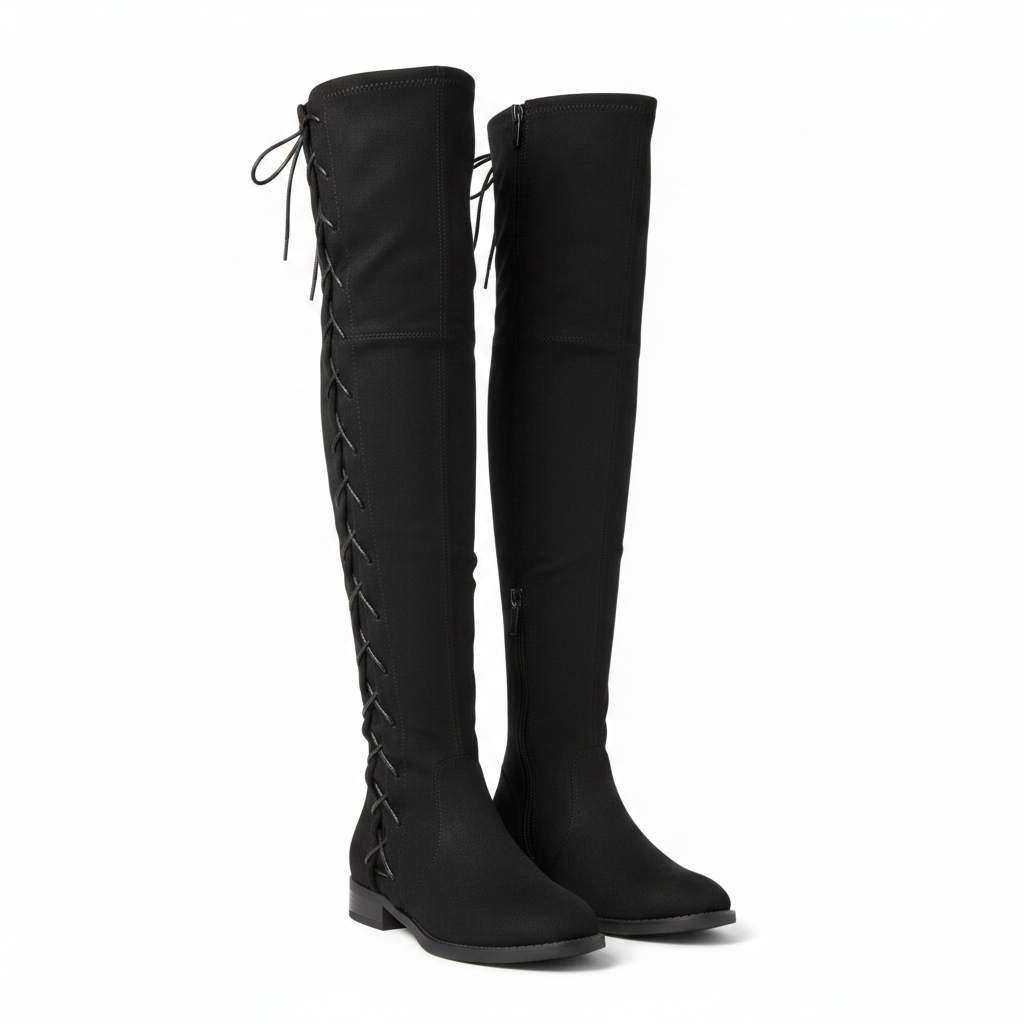 Verona black faux suede over-the-knee lace-up boots, front three-quarter hero view, both boots on white background
