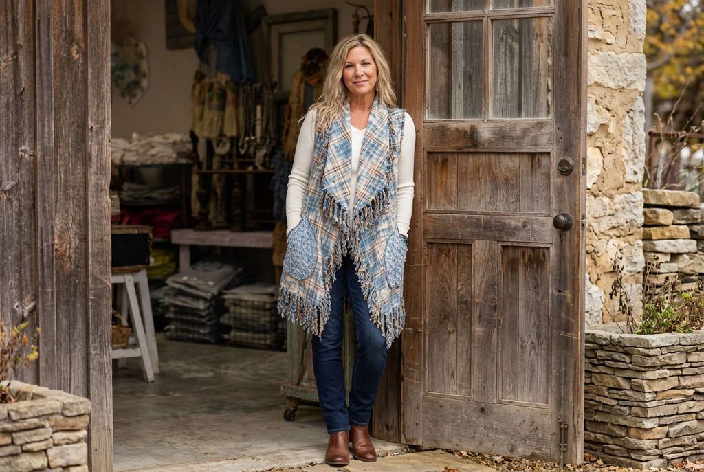 Woman wearing a blue plaid fringe vest with crochet pockets, dark jeans, and ankle boots in a rustic doorway.