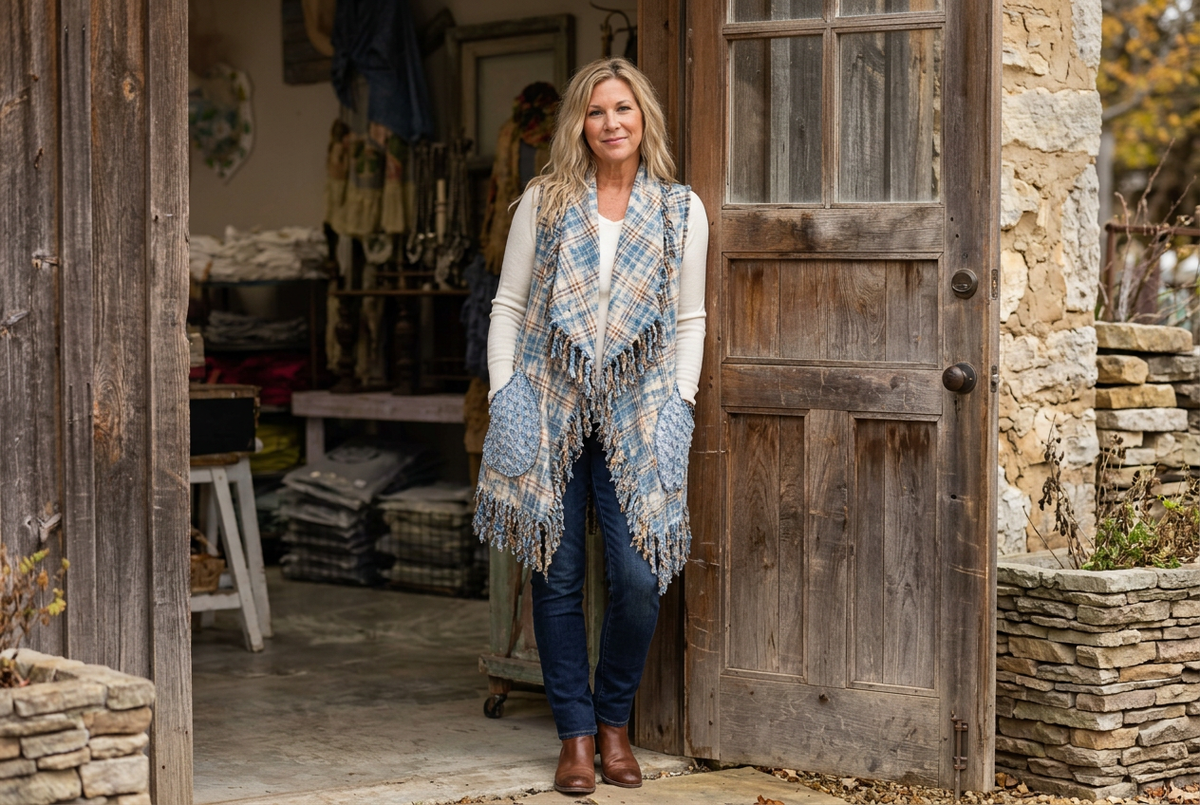 Woman wearing a blue plaid fringe vest with crochet pockets, dark jeans, and ankle boots in a rustic doorway.