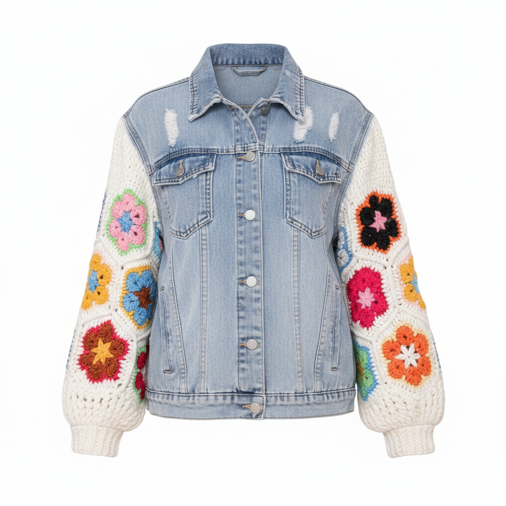 Women's light blue denim trucker jacket front view open crochet mesh and granny square sleeves
