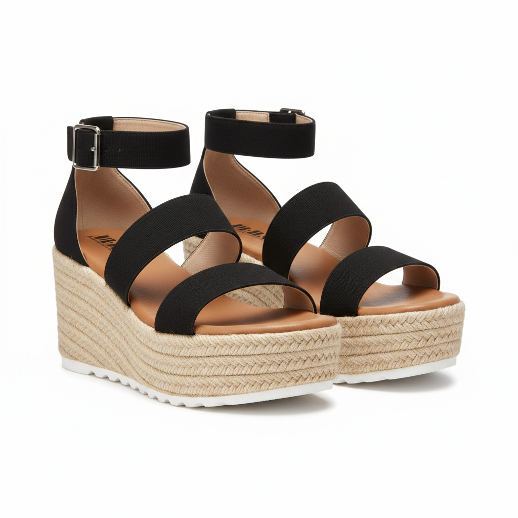 AMS EMMA-25 black espadrille platform wedge sandals, both shoes front three-quarter hero view, white background