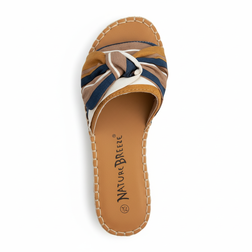 Women's striped espadrille sandals top view showing bow detail