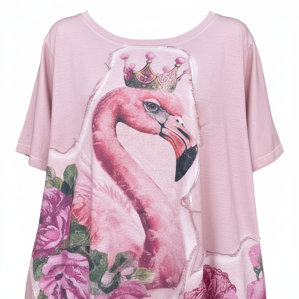 Women's blush pink maxi dress detail, crowned flamingo graphic, rose floral print, soft jersey knit fabric