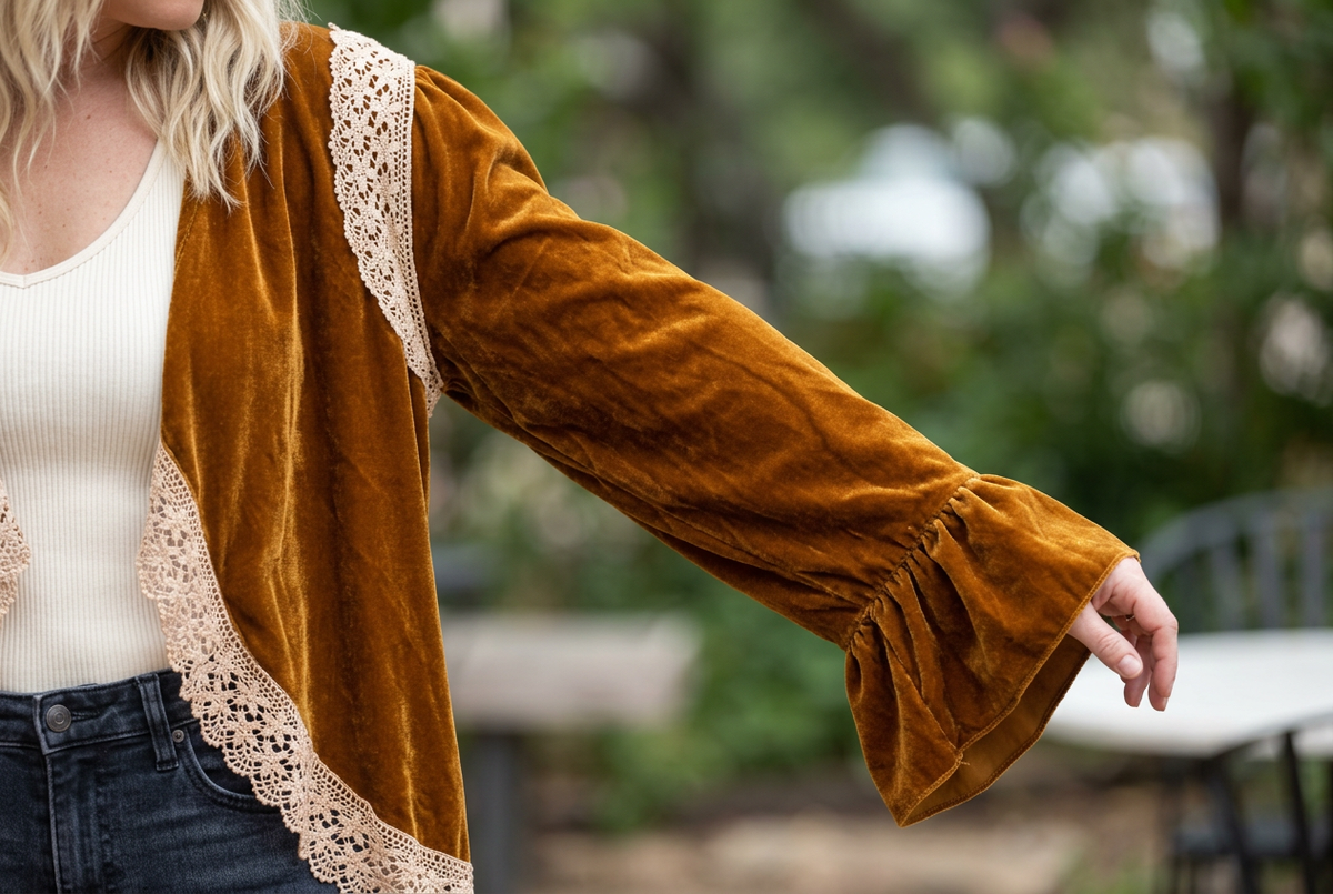 A Rare Bird Shop women's golden-brown velvet jacket sleeve detail with a gathered flared cuff outdoors