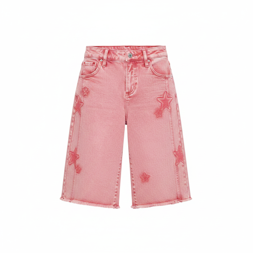Women's pink acid-wash denim Bermuda shorts front view tonal star appliqué frayed hem
