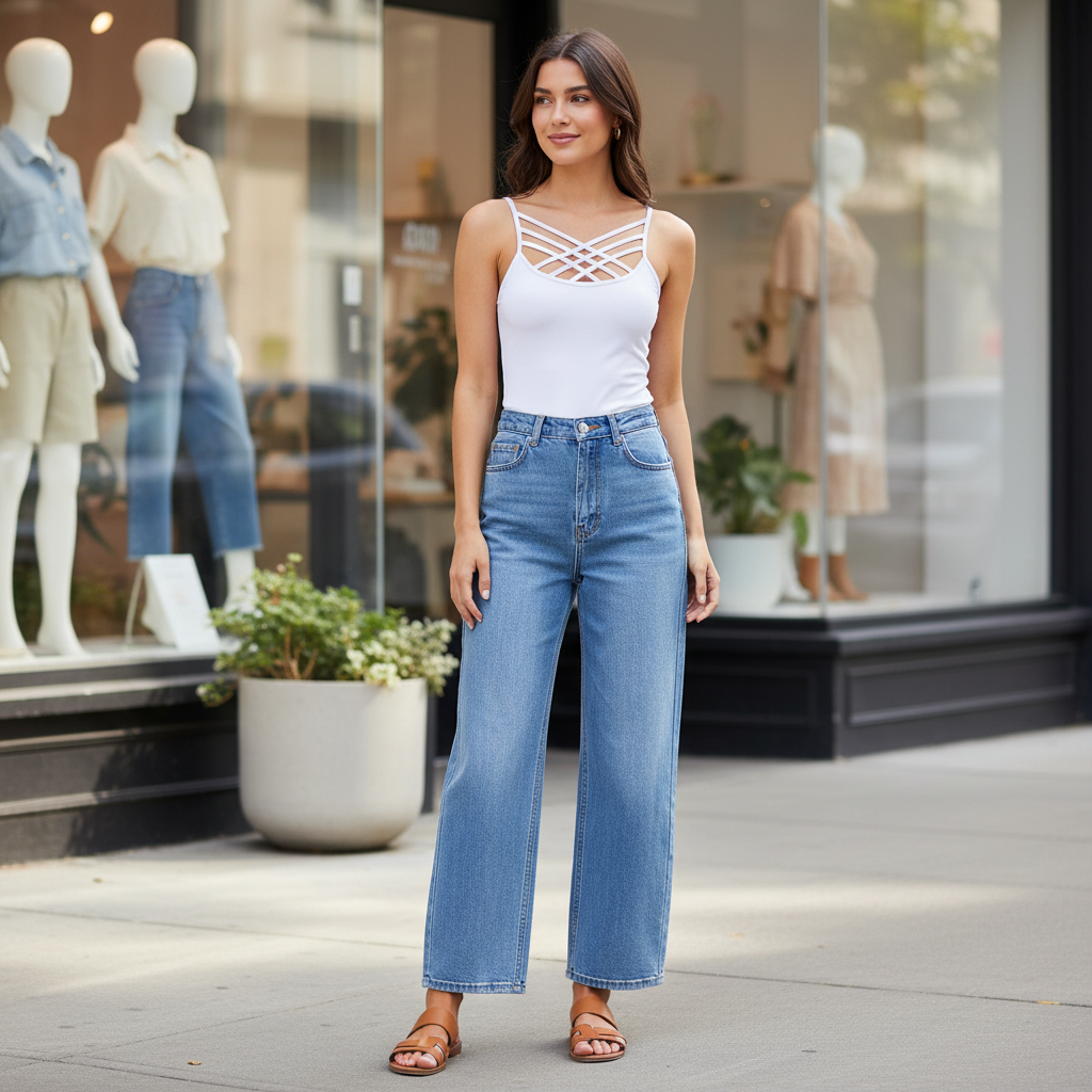 Zenana women's white criss-cross cami tank styled with jeans on a city sidewalk - BellanBlue