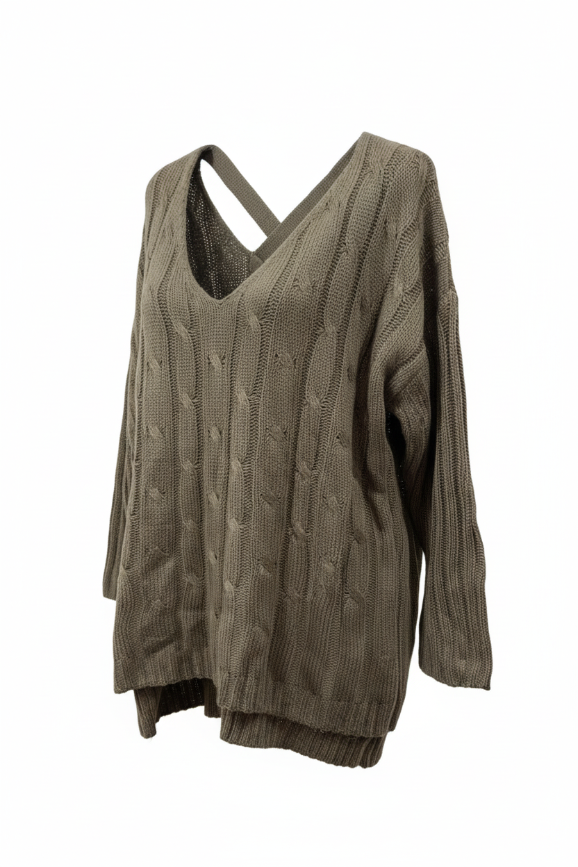 Olive cable-knit sweater three-quarter angle view showing front and back detail