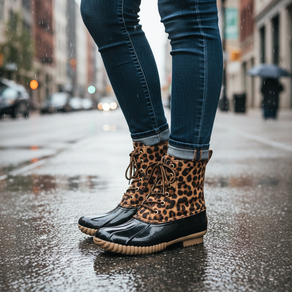 Women's leopard print duck boot with black rubber shell worn with dark jeans on wet city sidewalk in light rain - BellanBlue