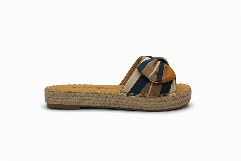 Women's striped espadrille sandals side profile view showing platform detail