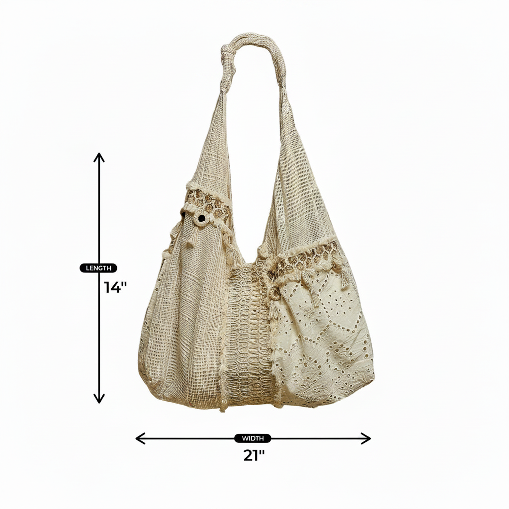Women's cream ivory patchwork hobo bag dimension diagram showing 14 inch length and 21 inch width white background