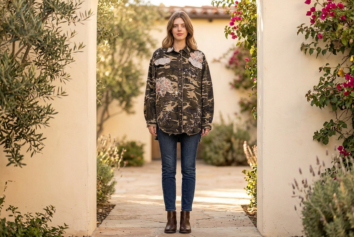 Blue Velvet women's camo floral patchwork jacket styled with jeans in a sunlit courtyard