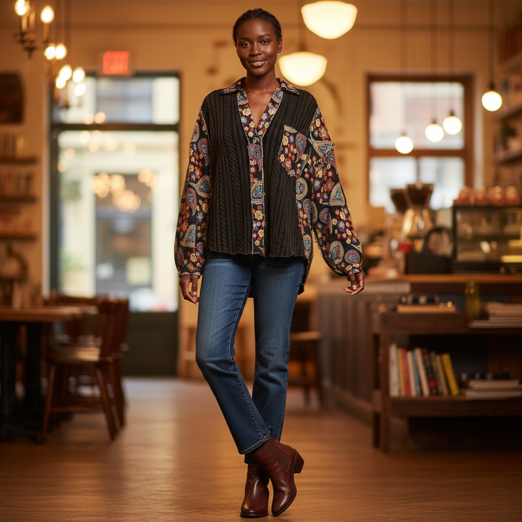 Women's black multi paisley jacquard A-line top styled with dark denim and brown boots in a cozy café setting