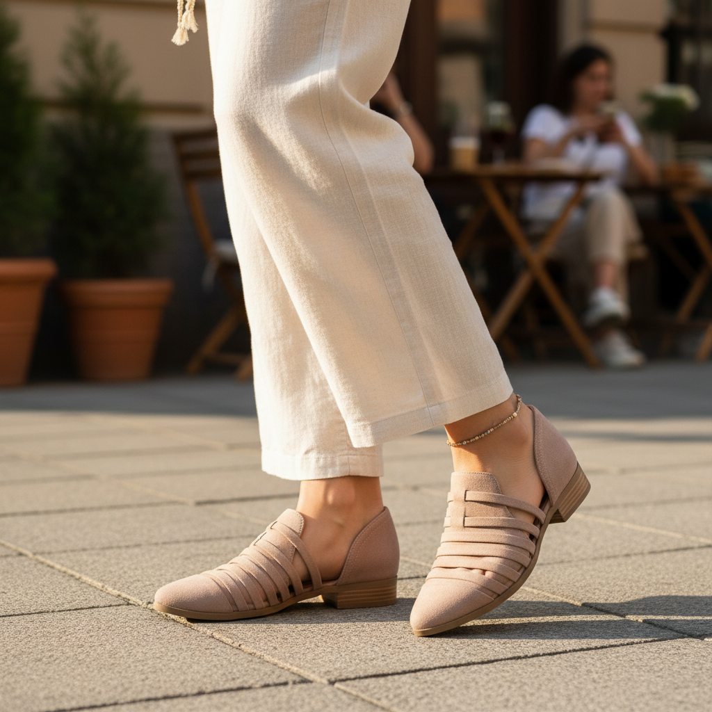 Women's stone cage strap Qupid d'Orsay flat styled with a chic outfit in a lifestyle setting – BellanBlue