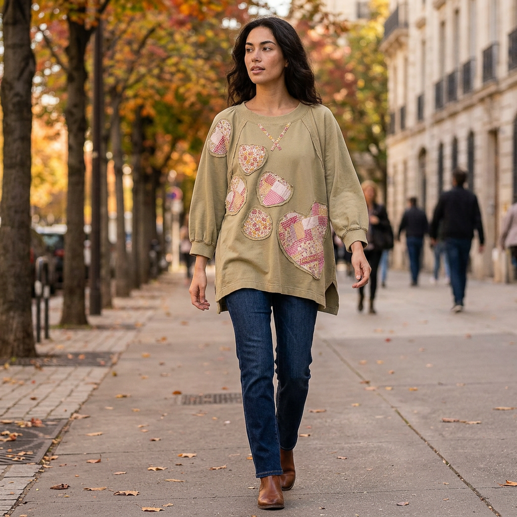 Blue Velvet sage heart patchwork sweatshirt styled with jeans and boots, walking on an autumn sidewalk