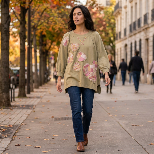 Blue Velvet sage heart patchwork sweatshirt styled with jeans and boots, walking on an autumn sidewalk