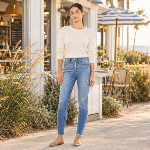 KanCan women's medium wash button fly ankle skinny jeans styled with an ivory sweater at a café - BellanBlue