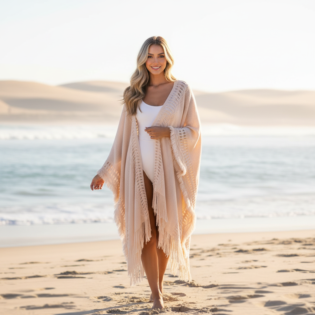 Women's ivory beige open-knit ruana as beach cover-up, relaxed coastal boho styling