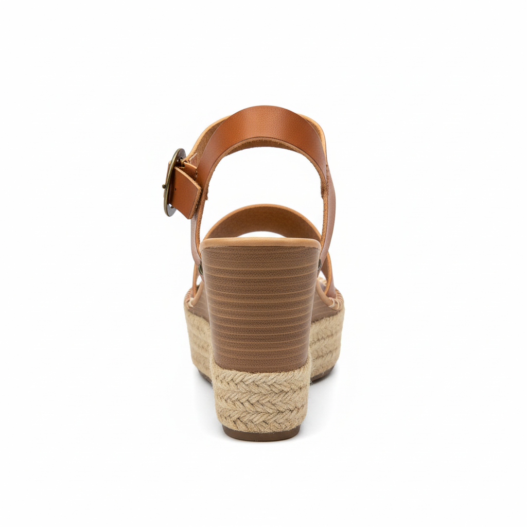 Women's tan brown espadrille wedge sandal back view showing ankle strap with round antique gold buckle closure