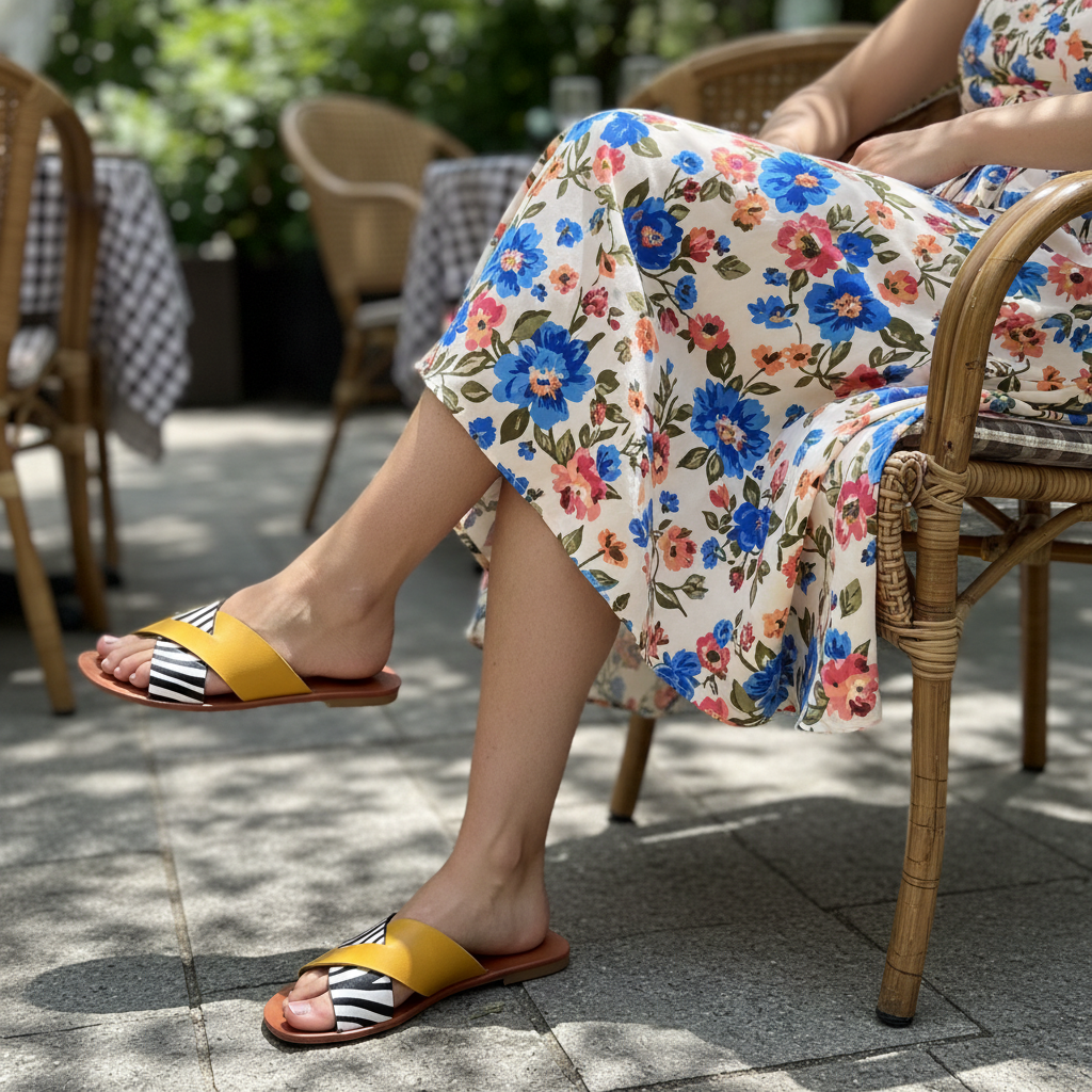 Woman wearing zebra print and yellow cross-strap flat sandals seated at outdoor café, summer boho outfit
